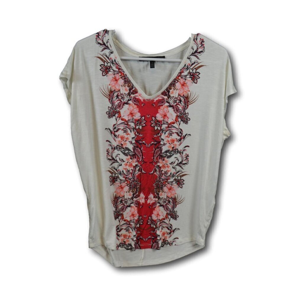 White House Black Market Cream Tee with Red Floral Panel